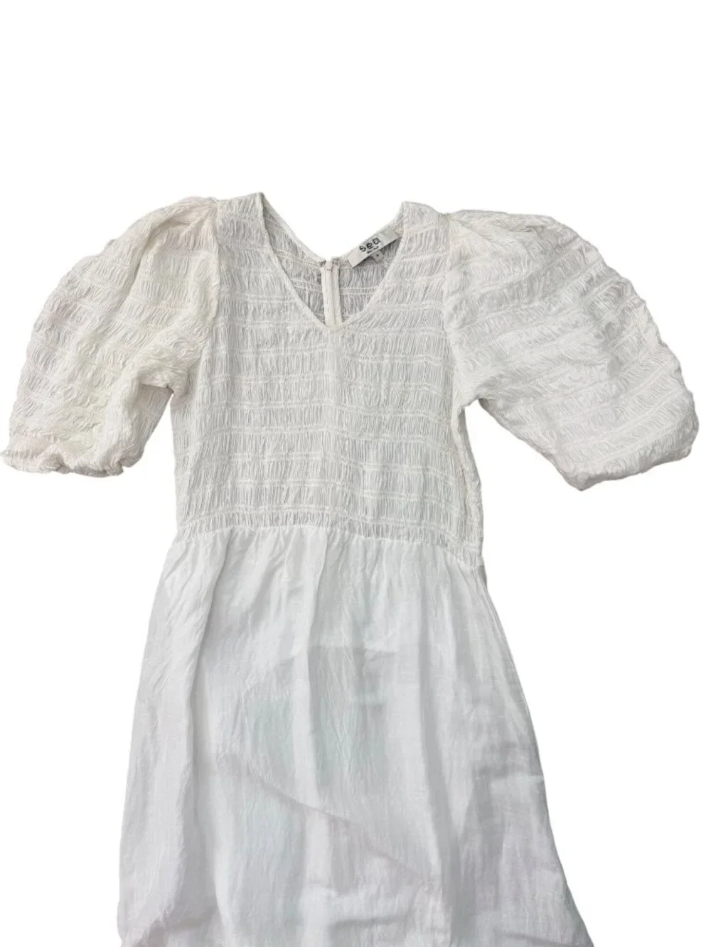 Sea New York Smocked Tiered Maxi Dress Puff Sleeves Linen Blend White Sz Medium